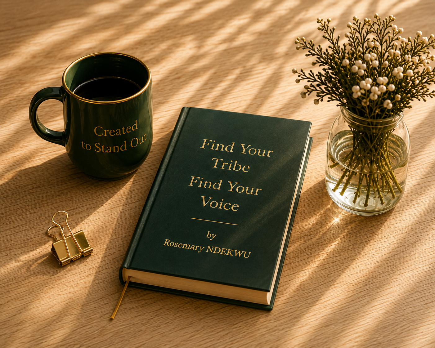 Still-life with green Created to Stand Out mug, Find Your Tribe Find Your Voice book by Rosemary NDEKWU, gold binder clips, baby's breath in a glass vase, on a wooden surface